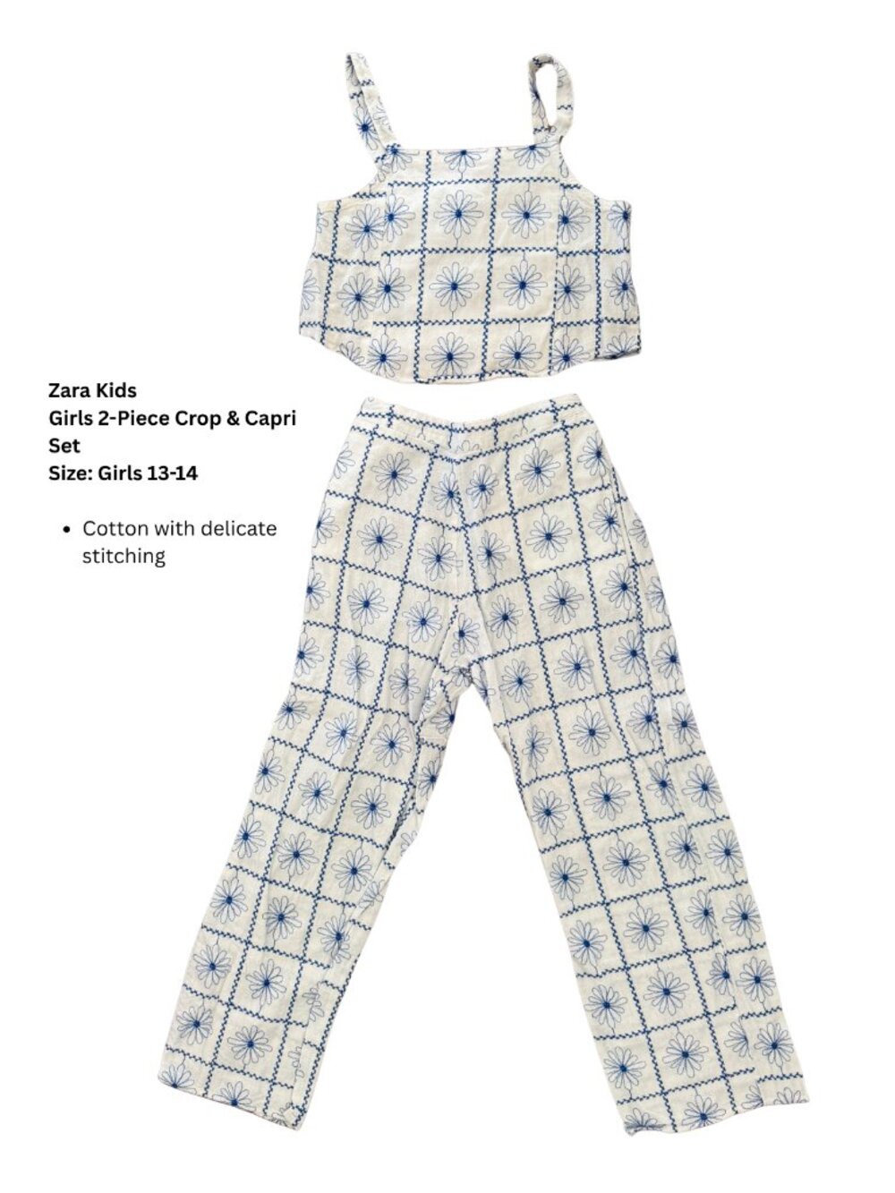 Zara Kids Girls 13–14 2-Pc Floral Embroidered Crop Top Capri Pants Set